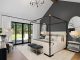 Bedroom with dark gray wall